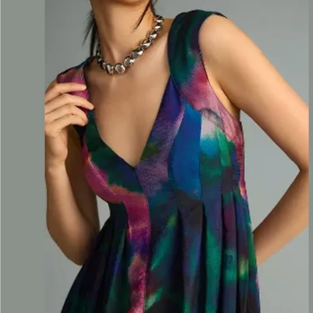 Anthropologie Printed V-Neck watercolor Pleated A-Line Maxi dress NWT Resort Wea